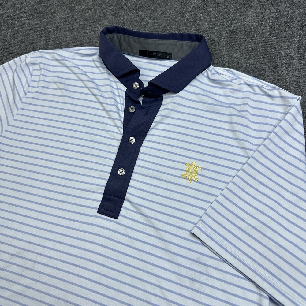 Greyson Men Polo Shirt Size Xl Blue Stripe Performance Golf Old Memorial Stained